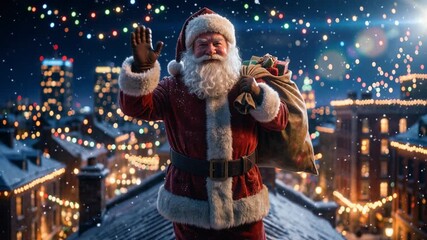 Joyful santa claus walking on a snowy rooftop with a sack of presents over his shoulder, waving his hand on a magical christmas eve with city lights and falling snow in the background