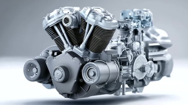 V-twin engine render, gray digital model, complex mechanical components, untextured three-dimensional form, engineering visualization, automotive design study, precision part illus