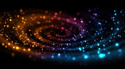 Abstract swirling light trails and bokeh dots in warm and cool colors.