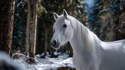Naklejka premium A majestic white horse in a snowy forest, showcasing its beauty and grace
