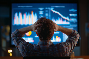 Frustrated male analyst looking at declining stock charts on large screen in dark office environment