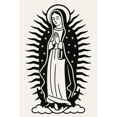 Our Lady of Guadalupe &mdash; Black and White Line Art Illustration
