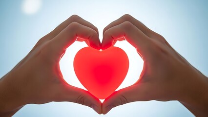 Obraz premium Red Heart Shape Held by Hands with Backlighting on Pale Blue Background