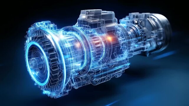 Wireframe engine gears, dark blue background, motor internal combustion, train engine blueprint, technical illustration style, mechanical design visualization, engineering drawing