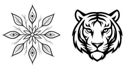 Fototapeta premium Two black and white line art illustrations featuring a detailed tiger head and a stylized floral mandala