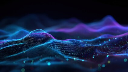 Abstract glowing digital wave surface with blue and purple lights