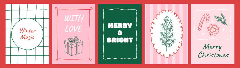 Series of charming New Year and Christmas postcard templates with hand-sketched winter ornaments, celebratory symbols in vintage style.