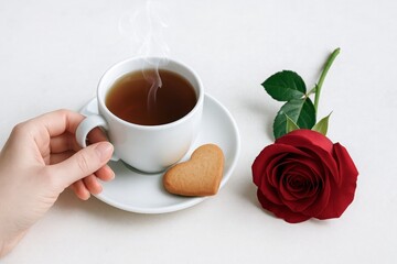Woman hand holding a cup of hot tea with heart cookie and red rose. Valentines Day or romantic gesture concept. Cozy morning.