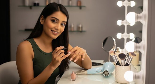 Young Woman Applying Nail Polish at Illuminated Vanity Table