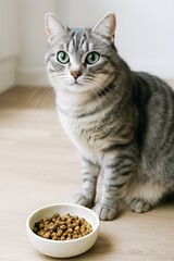 Tabby cat with green eyes sits next to a bowl of dry food, concept of pet nutrition and hygiene, for veterinary clinic.