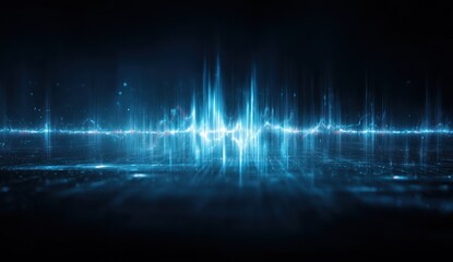 Abstract glowing blue digital sound wave visualization on dark background.