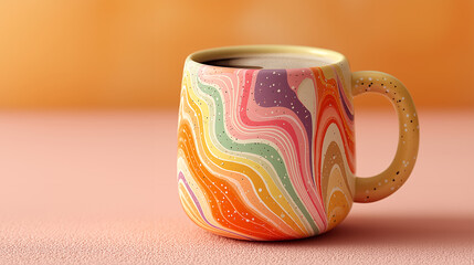 Minimalist groovy-style coffee cup mock-up with vintage patterns retro design beverage drink morning routine generated ai