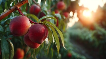 Ripe red peaches dangle from a lush tree branch, illuminated by the gentle light of a setting sun, showcasing the rich colors of summer in a vibrant orchard
