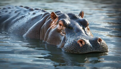 Close-up portrait of a large common hippopotamus wading in a calm body of water.