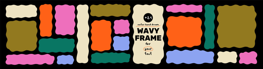 Hand Drawn Bright Wavy Textbox Frame Kit. Wave Shape Border for Text Box Bundle. Scallop Edge Square Rectangle Frames Set. Vector Graphic Elements for Decor Design