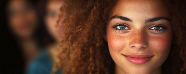 Woman with curly red hair, freckles, and a kind smile. Close up portrait of happy female for advertising, beauty, and diversity concept.