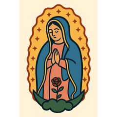 Our Lady of Guadalupe &mdash; Modern Flat Illustration with Halo and Rose
