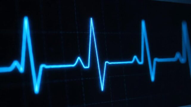 A Glowing Blue EKG Heartbeat Rhythm Displayed on a Dark Digital Monitor Screen With a Grid Background and Soft Focus for Medical Science and Technology Concepts