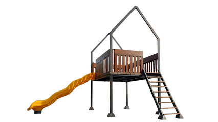 Wooden Playground Treehouse with Yellow Slide Isolated on Transparent Background