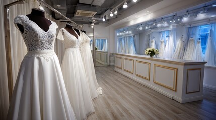 The elegant wedding dresses displayed in the boutique beckon to wedding dreams. Showing off the trending color of the 2026 Cloud Dancer