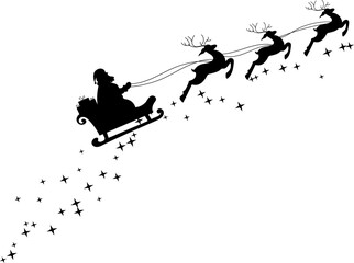 Christmas silhouette of santa claus riding sleigh pulled by reindeer with stars in night sky, festive holiday illustration.Santa Claus silhouette riding in a sleigh pulled by reindeer vector 