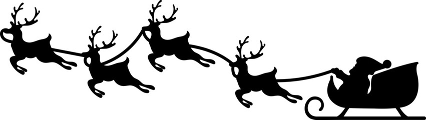 Christmas silhouette of santa claus riding sleigh pulled by reindeer with stars in night sky, festive holiday illustration.Santa Claus silhouette riding in a sleigh pulled by reindeer vector 