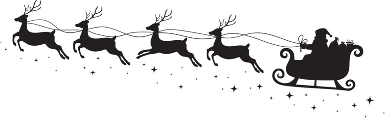 Christmas silhouette of santa claus riding sleigh pulled by reindeer with stars in night sky, festive holiday illustration.Santa Claus silhouette riding in a sleigh pulled by reindeer vector  © MR Vector Store