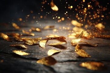 Gold leaf flakes shimmering against dark surface background