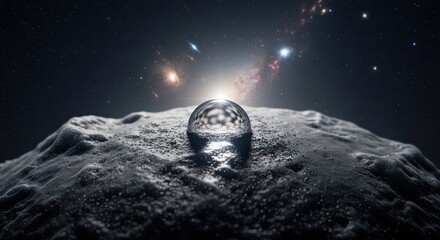 Cosmic vision: A water droplet reflects the universe on a lunar landscape simulation