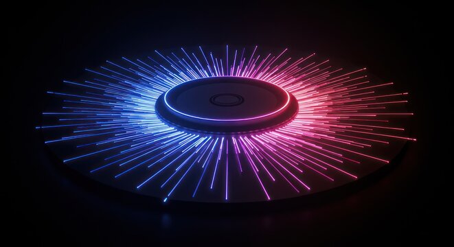Abstract glowing radial pattern with red and blue neon light emitting from the center