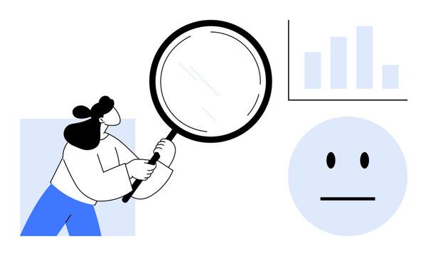 Market analysis, emotional response, data investigation, business strategy, audience feedback, visual . Person holding magnifying glass, bar chart neutral face. Market analysis and emotional