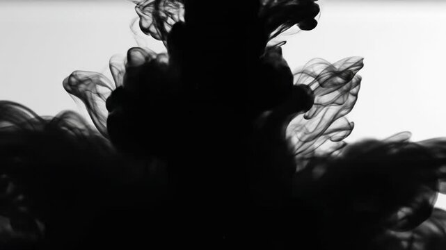 Macro abstract view of thick black ink merging with translucent oil in liquid creating swirling, ephemeral phantom cloud formations translucent, cloud, up