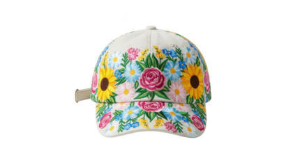 Beautifully embroidered white baseball cap featuring vibrant floral patterns isolated on transparent background