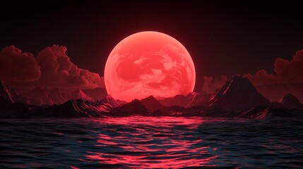 Red Moonrise over Dark Mountains Pixel Art Landscape