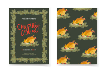 Christmas dinner invitation template with a picture of a baked chicken and a frame of fir branches on a green background