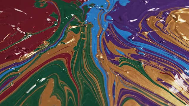 Macro close up of thick vibrant paint colors merging and swirling chaotically to create an intense visual disarray and dynamic liquid abstract background smooth, chemistry, thick vibrant paint colors