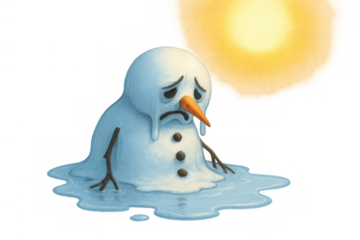 Sad snowman melting under hot sun, illustrating global warming, climate change, and environmental crisis with transparency