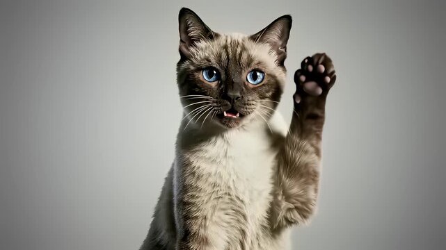 A curious cat stands tall with raised paw waving in friendly approachability, exuding invitation and connection, perfect for playful marketing campaigns or endearing brand identities.