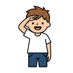 Obraz premium A Young Boy with Brown Hair and Skin Wearing a White T Shirt and Blue Jeans Salutes Cheerfully Against a Solid Black Background Showing a Cartoon Style Illustration