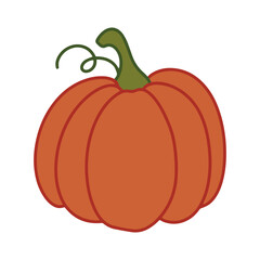 A round pumpkin with a deep reddish-orange color and a curved green stem. A ripe autumn vegetable icon, essential for fall farm and garden themes.