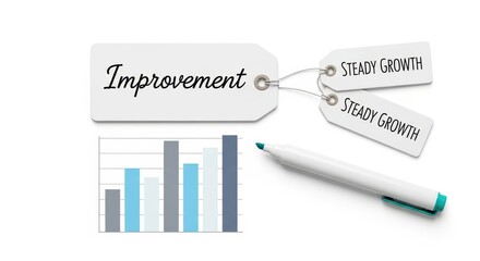Business data analysis chart with improvement tags and marker showcasing growth and progress