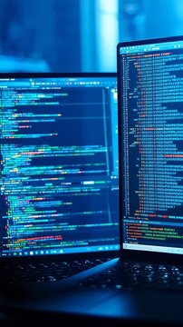 Digital Code Scrolling on Two Laptop Screens in a Dark Blue-Lit Room