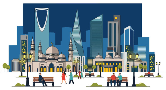 Riyadh Skyline Illustration Featuring King Abdullah Financial District and Modern Skyscrapers against a Night Sky with People in a Park