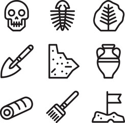 Archaeology Line Icons Skull Fossil Shovel Artifacts Ancient Excavation Flag Tools