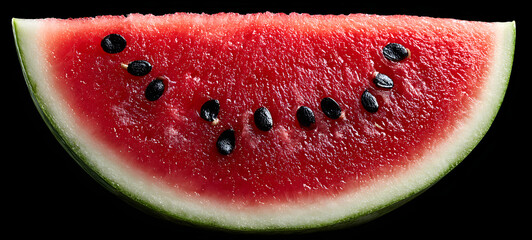 Watermelon texture, macro photo, close-up. Piece of watermelon with seeds. Top view.