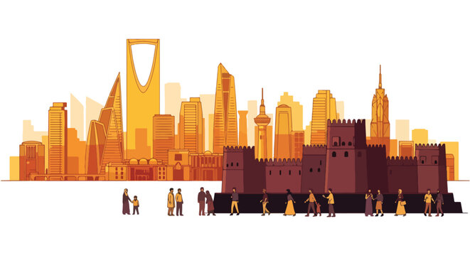 Riyadh Skyline Featuring Modern Skyscrapers and Traditional Fort Buildings with People Walking in the Foreground on a White Background