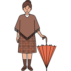 Obraz premium Woman Wearing Brown Poncho and Plaid Skirt Holding Orange Umbrella Standing Still on Black Background, Full Body Portrait