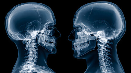 X ray image showing the profile view of a human skull and cervical spine