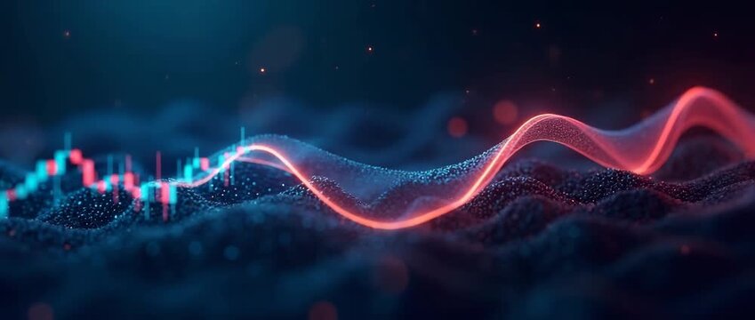 Dynamic financial growth chart with glowing digital data lines undulating against a dark backdrop, camera slowly panning to reveal the futuristic, cinematic scene.