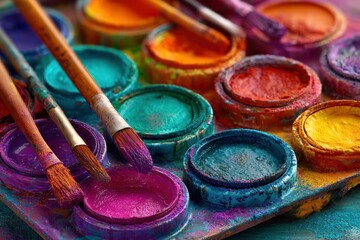 Vibrant watercolor paint palette with brushes close up view